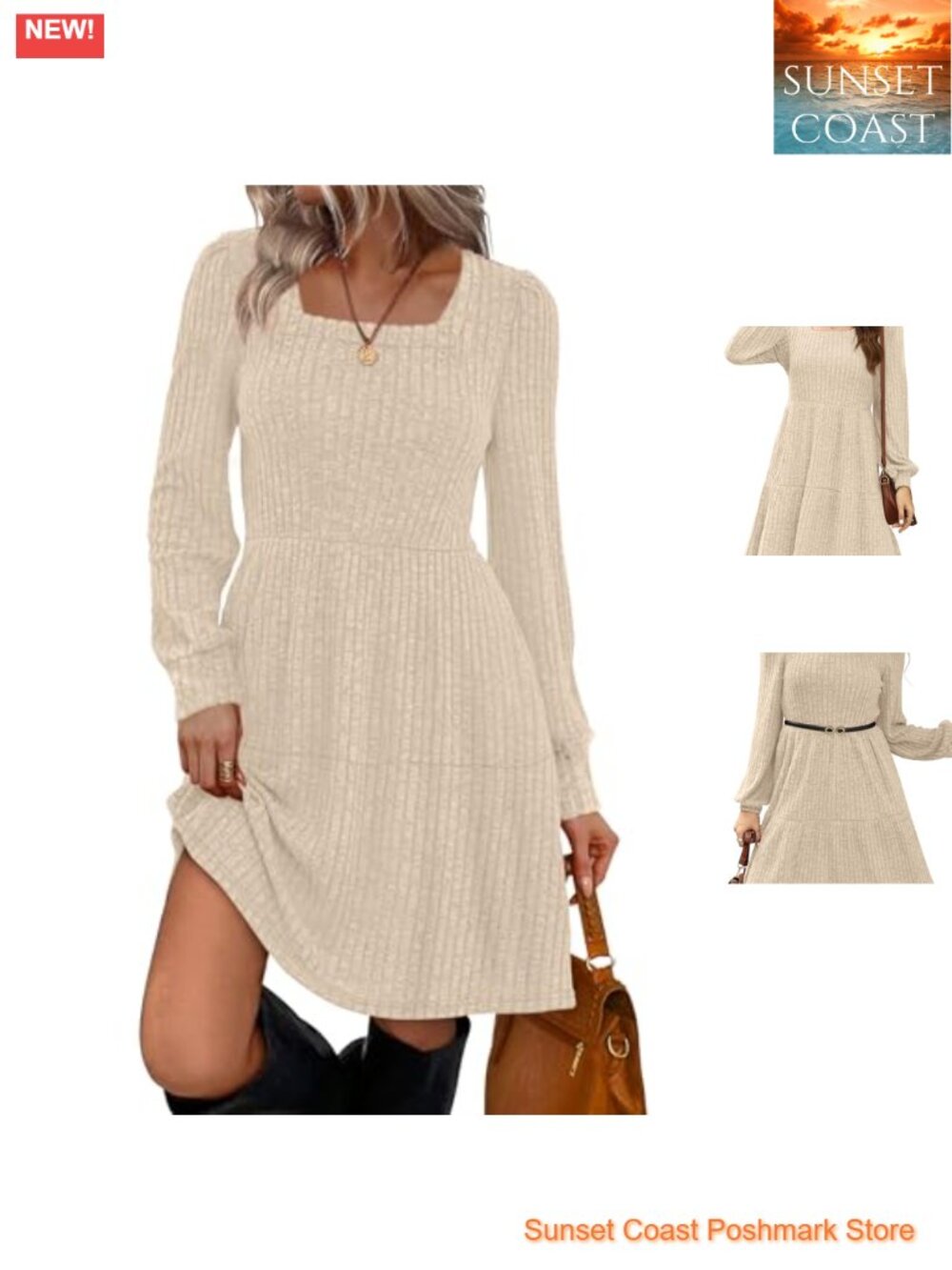 Square Neck Long Sleeve Babydoll Sweater Dress